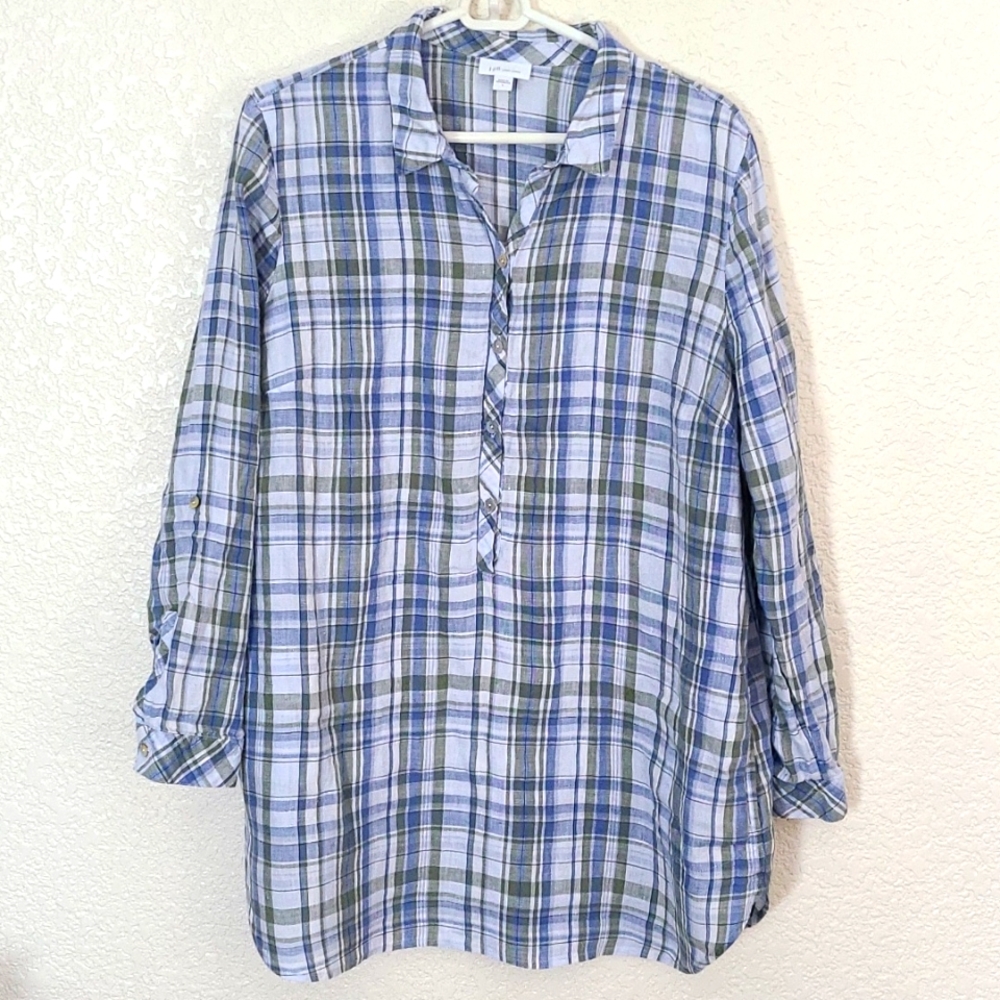 J. Jill Love Linen plaid shirt with side pockets, L